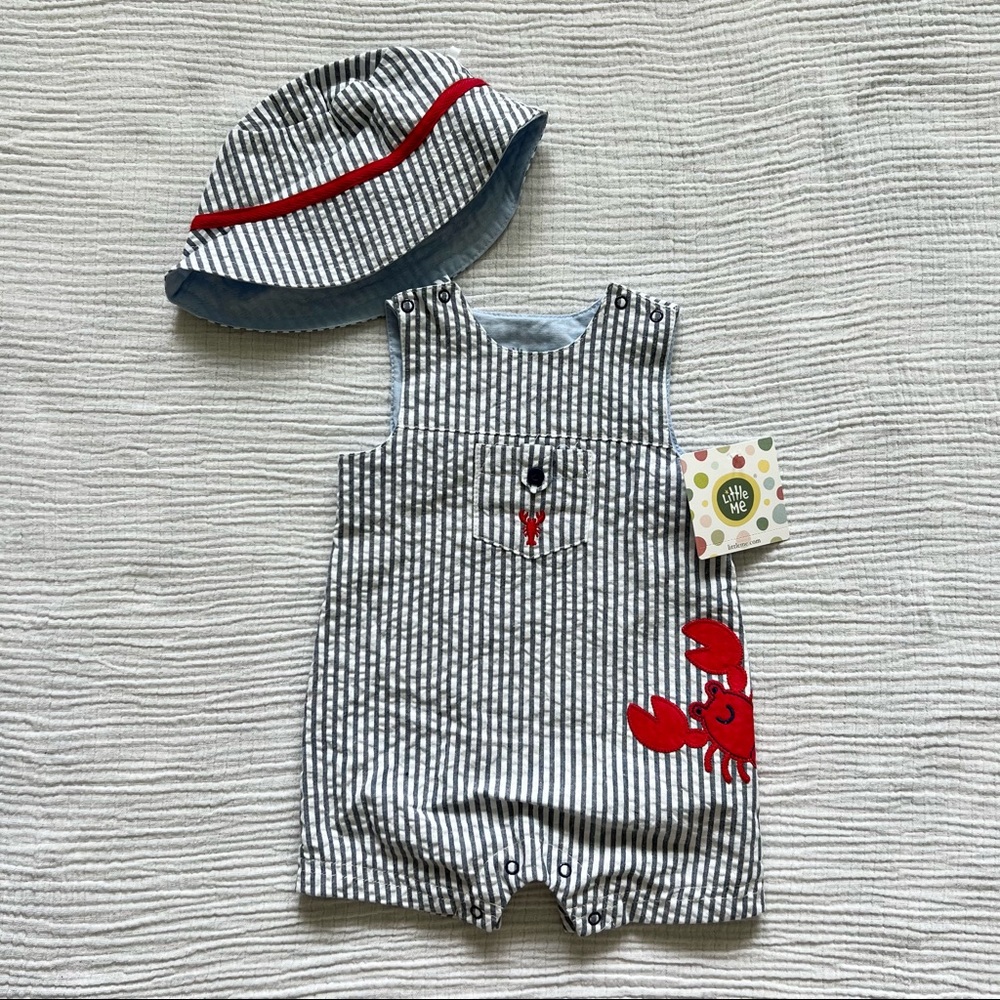 Little Me 3M Seersucker Romper and Matching Hat